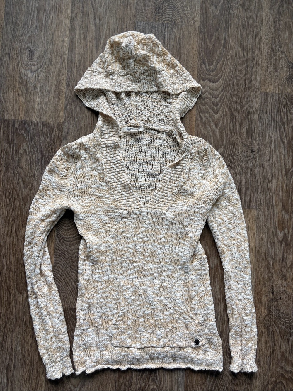 Vintage Y2K Roxy Baja Hoodie Sweater Small Beige Cream Knit Surf Boho Pullover